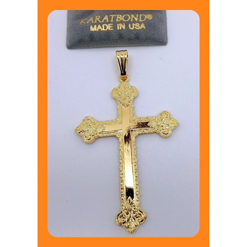Karatbond Vintage Y2K Gold Ornate Fleur-de-lis Cross Pendant Made in USA NOS